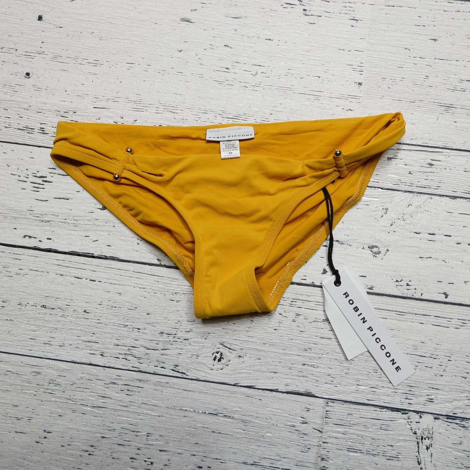 Robin Piccone Bikini Swim Bottom Womens Xs Mustard Luca 181762 Gold Bead Detail